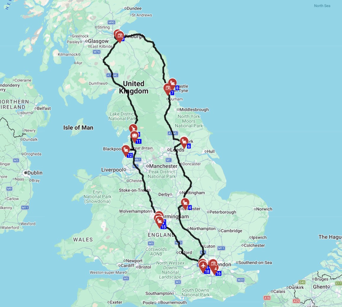 Map for שכירת קמפרוואן ותכנון טיול שווקי חג המולד בבריטניה